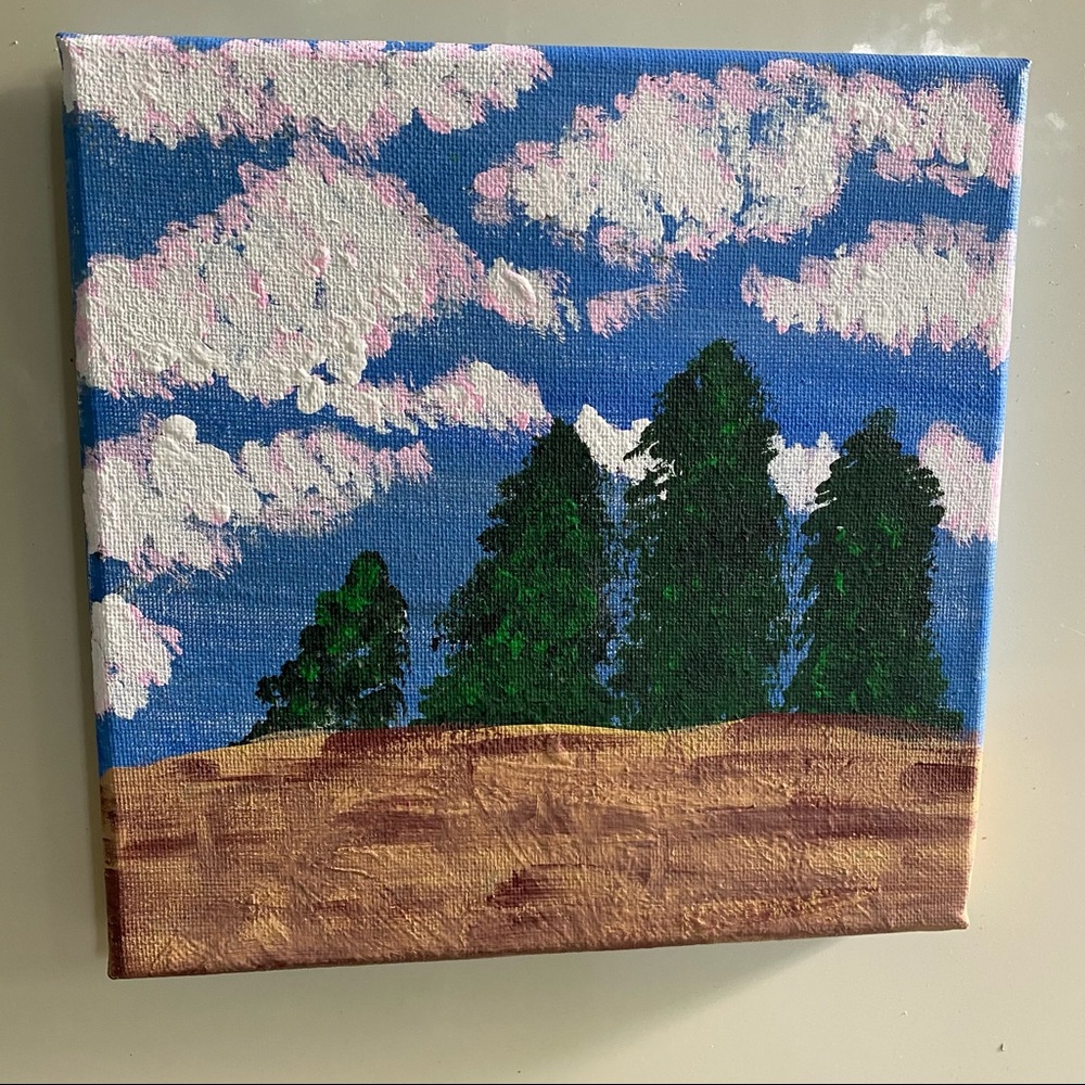Original acrylic painting Fluffy Clouds trees and cliffs painted  by Me!